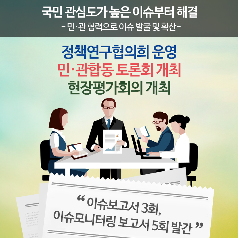 국민 관심도가 높은 이슈부터 해결 민·관 협력으로 이슈 발굴 및 확산 정책연구협의회 운영 민·관합동 토론회 개최 현장평가회의 개최 이슈보고서 3회, 이슈모니터링 보고서 5회 발간