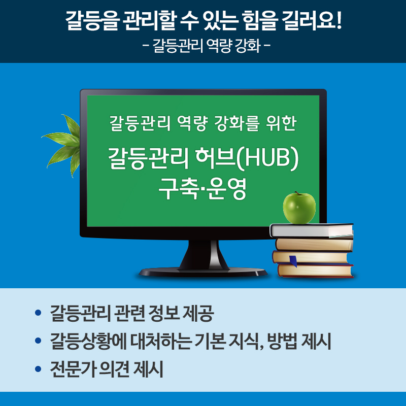 갈등을 관리할 수 있는 힘을 길러요! 갈등관리 역량 강화 갈등관리 역량 강화를 위한 갈등관리 허브(HUB) 구축·운영 갈등관리 관련 정보 제공 갈등상황에 대처하는 기본지식, 방법 제시 전문가 의견 제시