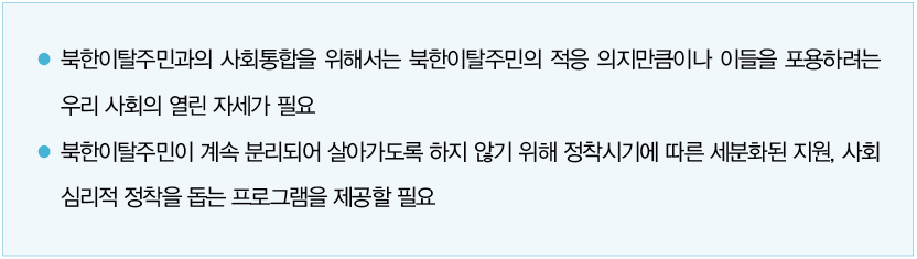 - 북한이탈주민과의 사회통합을 위해서는 북한이탈주민의 적응 의지만큼이나 이들을 포용하려는 우리 사회의 열린 자세가 필요
- 북한이탈주민이 계속 분리되어 살아가도록 하지 않기 위해 정착시기에 따른 세분화된 지원, 사회심리적 정착을 돕는 프로그램을 제공할 필요