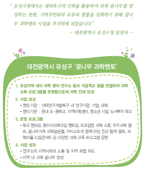 유성구청에서는 대덕특구의 인력을 활용하여 과학 꿈나무를 양성하는 한편, 지역주민과의 교류와 통합을 강화하기 위해 꿈나무 과학멘토 사업을 추진하게 되었습니다. -대전광역시 유성구청 담당자- 대전광역시 유성구 꿈나무 과학멘토 사업 개요